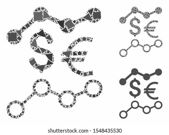 Currency trends mosaic of joggly elements in various sizes and color tinges, based on currency trends icon. Vector bumpy elements are grouped into collage.