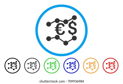 Currency Trends rounded icon. Vector illustration style is a grey flat iconic currency trends symbol inside a circle. Additional color versions are black, gray, green, blue, red, orange.