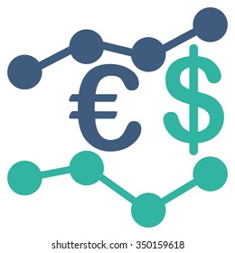 Currency Trends vector icon. Style is bicolor flat symbol, cobalt and cyan colors, rounded angles, white background.