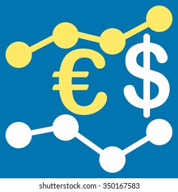Currency Trends vector icon. Style is bicolor flat symbol, yellow and white colors, rounded angles, blue background.