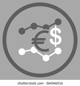 Currency Trends vector icon. Style is bicolor flat circled symbol, dark gray and white colors, rounded angles, silver background.