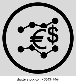 Currency Trends vector icon. Style is flat circled symbol, black color, rounded angles, light gray background.