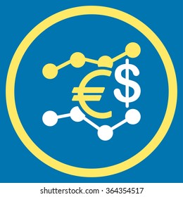 Currency Trends vector icon. Style is bicolor flat circled symbol, yellow and white colors, rounded angles, blue background.