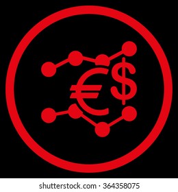 Currency Trends vector icon. Style is flat circled symbol, red color, rounded angles, black background.