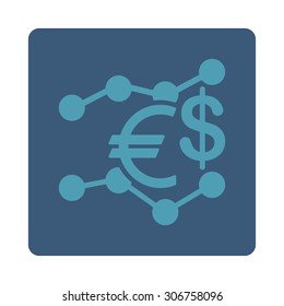 Currency Trends vector icon. This flat rounded square button uses cyan and blue colors and isolated on a white background.