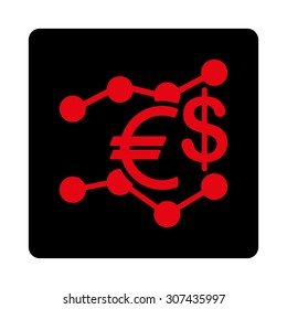 Currency Trends vector icon. This flat rounded square button uses intensive red and black colors and isolated on a white background.