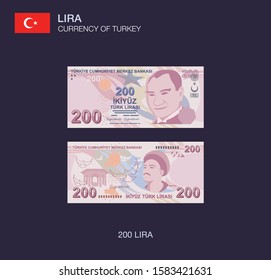 Currency of Turkey. Flat vector illustration of turkish two hundred lira.