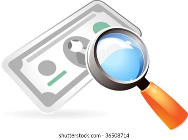Currency under magnifying glass. Vector illustration.