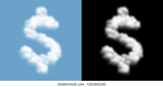 Currency USD (United States Dollars) sign and symbol Cloud or smoke pattern, Business finance concept illustration isolated float on blue sky background with opacity mask, vector