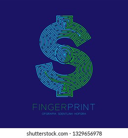 Currency USD (United States Dollars) sign Fingerprint scan pattern logo dash line, digital cryptocurrency concept, Editable stroke illustration isolated on blue background with Fingerprint text