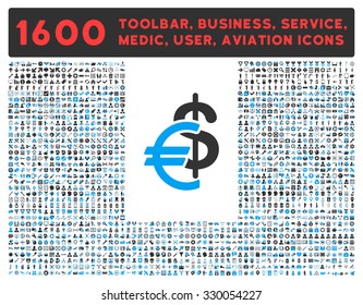 Currency vector icon and 1600 other business, service tools, medical care, software toolbar, web interface pictograms. Style is bicolor flat symbols, blue and gray colors, rounded angles, white