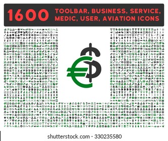 Currency vector icon and 1600 other business, service tools, medical care, software toolbar, web interface pictograms. Style is bicolor flat symbols, green and gray colors, rounded angles, white