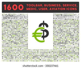 Currency vector icon and 1600 other business, service tools, medical care, software toolbar, web interface pictograms. Style is bicolor flat symbols, eco green and gray colors, rounded angles, white