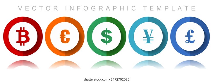 Currency vector icon collection, miscellaneous icons such as bitcoin, euro, dollar, yen and pound, flat design infographic template in eps 10