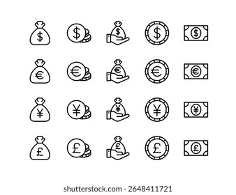 Currency Vector Icon Set | Adjustable Line Weight | Dollar, euro, yen, pound, finance, money, coins, bills, cash, payment, economy, savings, exchange, wealth, banking, trade, budget, funds, capital