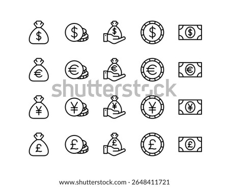 Currency Vector Icon Set | Adjustable Line Weight | Dollar, euro, yen, pound, finance, money, coins, bills, cash, payment, economy, savings, exchange, wealth, banking, trade, budget, funds, capital