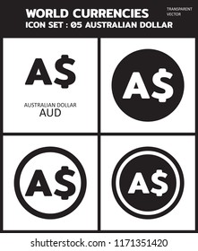 Currency vector Icon Set : australian dollar aud Transparent icon, coin, symbols, signs, emblems Vector illustration.