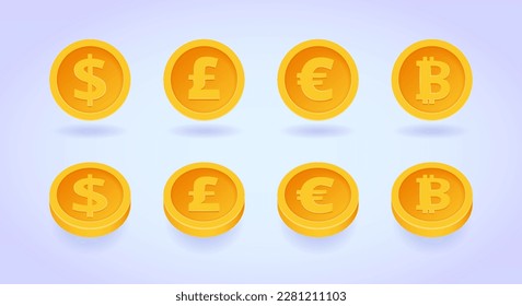 Currency vector icon set: dollar, euro, pound sterling, bitcoin. Set of three dimensional icon coins. 3D Web Vector Illustrations.