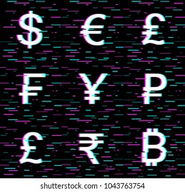 Currency vector icon set in glitch style