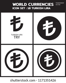 Currency vector Icon Set : turkish lira try Transparent icon, coin, symbols, signs, emblems Vector illustration.