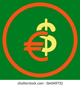 Currency vector icon. Style is bicolor flat circled symbol, orange and yellow colors, rounded angles, green background.