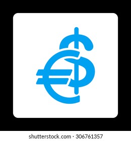 Currency vector icon. This flat rounded square button uses blue and white colors and isolated on a black background.