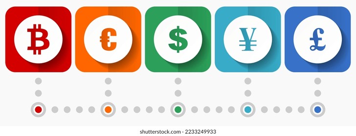 Currency vector icons, money flat design web buttons collection, business concept infographic template