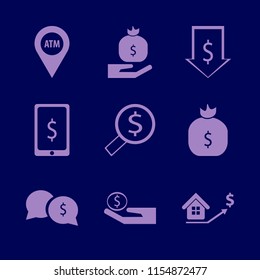 currency vector icons set. with atm location, money bag hand, money hand and money speech bubbles in set