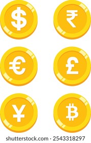 Currency vector icons. World money symbols collection. Coins icon. Vector illustration of dollar, indian rupee, bitcoin, euro, pound, yen coin in yellow