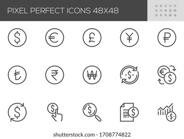 Currency  Vector Line Icons. Dollar, Euro, Pound Sterling, Russian Ruble, Yen, Korean Won, Indian Rupee, Turkish Lira. Money Signs, Currency Exchange. Editable Stroke. 48x48 Pixel Perfect.