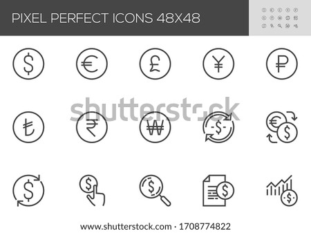 Currency  Vector Line Icons. Dollar, Euro, Pound Sterling, Russian Ruble, Yen, Korean Won, Indian Rupee, Turkish Lira. Money Signs, Currency Exchange. Editable Stroke. 48x48 Pixel Perfect.