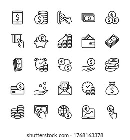 Currency vector symbol icons set. Contains icons such as the exchange rate and currency forecast, change schedule, payment, business, cash and much more. Isolated money collection for web sites.