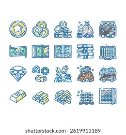 Currency Video Games Collection doodle icons set vector. Playing Money Banknotes Coin Steak, Gambling Gaming Smartphone Application sketch hand drawn