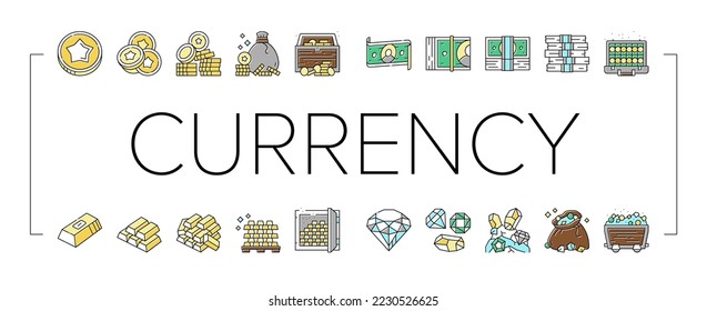 Currency Video Games Collection Icons Set Vector. Playing Money Banknotes And Coin Steak, Gambling Gaming Smartphone Application Concept Linear Pictograms. Contour Color Illustrations