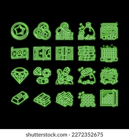 Currency Video Games neon light sign vector. Playing Money Banknotes And Coin Steak, Gambling Gaming Smartphone Application Illustrations