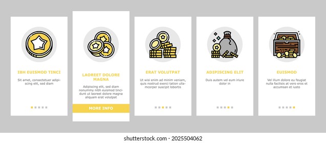 Currency Video Games Onboarding Mobile App Page Screen Vector. Playing Money Banknotes And Coin Steak, Gambling Gaming Smartphone Application Illustrations