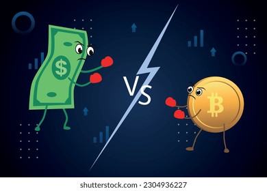 Currency vs cryptocurrency battle fiat dollar against bitcoin. Fight On a stylized background.