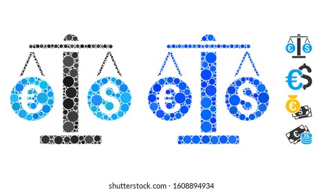 Currency weight composition of small circles in various sizes and shades, based on currency weight icon. Vector round dots are organized into blue composition.