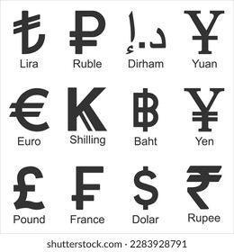 Currency in the world, black and white illustration
