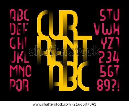 Current alphabet font. Narrow letters and numbers with transparency elements. Stock vector typeface for your typography design.