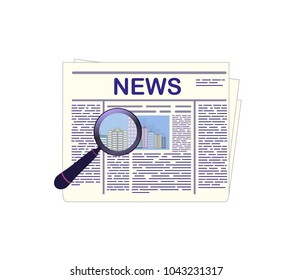 Current events. Newspaper and magnifying glass. Vector illustration isolated on white background.
