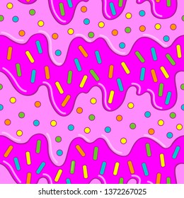 current icing for gingerbread, donuts, cupcakes. multi-colored topping with balls and tubules. pink glaze  seamless vector pattern