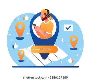 Current location concept. Man with smartphone in his hands looks at map. Assessment of terrain and landscape, geography. Modern services and apps, gps and logistics. Cartoon flat vector illustration