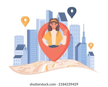 Current location concept. Portrait of woman marked on map, geolocation and navigation, orientation in place. User address and application or program with GPS. Cartoon flat vector illustration