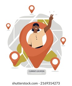 Current location concept. Woman on map peeks out of label. Geolocation and tourist focuses on terrain in unfamiliar country. Application or program for travelers. Cartoon flat vector illustration