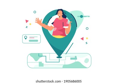 Current location of woman vector illustration. Map showing peoples location in current moment flat style. Gps navigation and online map concept. Isolated on white background