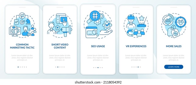 Current marketing trends blue onboarding mobile app screen. Promotion walkthrough 5 steps graphic instructions pages with linear concepts. UI, UX, GUI template. Myriad Pro-Bold, Regular fonts used