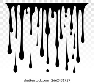 Pintura actual, manchas. Caídas actuales. Tintas actuales. Pintura goteando. Goteo de líquido. La pintura fluye. Líquido que fluye. Gotas de plantilla. Salpicaduras de pintura. Fundido. Ilustración vectorial. Color fácil de editar. 