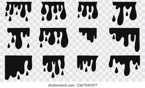 Current paint, stains set. Paint dripping. Dripping liquid. Paint flows. Current drops. Current inks. Vector illustration. Flowing liquid. Stencil drops. Paint splatter. Molten. Chocolate drops.