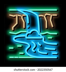 Strom Fluss mit Brücke neon Leuchtzeichen Vektor. Glühender Icon Fluss mit Brückenschild. transparente Symbolillustration